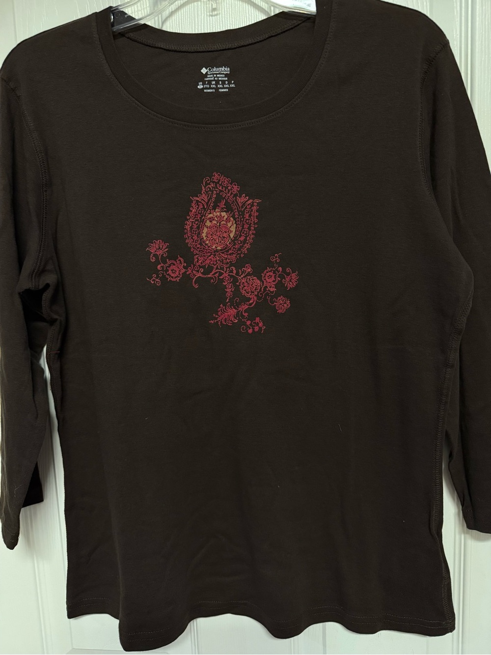 Columbia Brown Long Sleeve Tee with Red Floral Motif